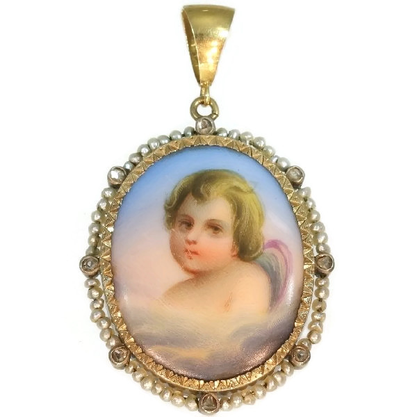 Romantic Victorian rose cut diamond seed pearls pendant, painted cupid on cloud